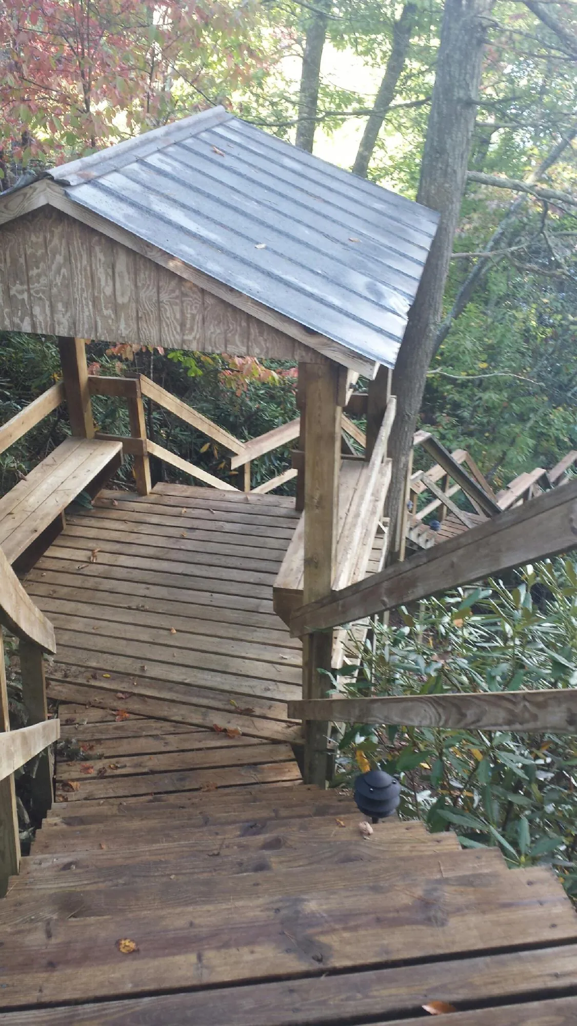 Metal roofed shelter over wooden steps on a wooded walkway — Skylight Repair & Installation work by our crew in Osseo